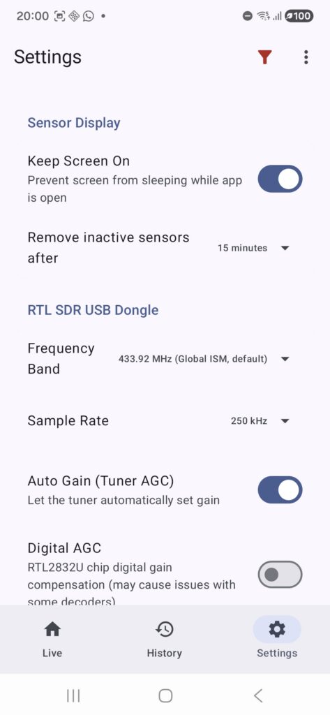 RTL-SDR 433 Android app settings