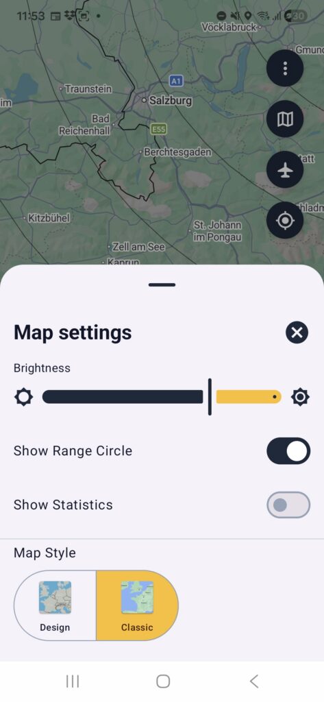 Dump1090 Android map settings with brightness, range circle and map style