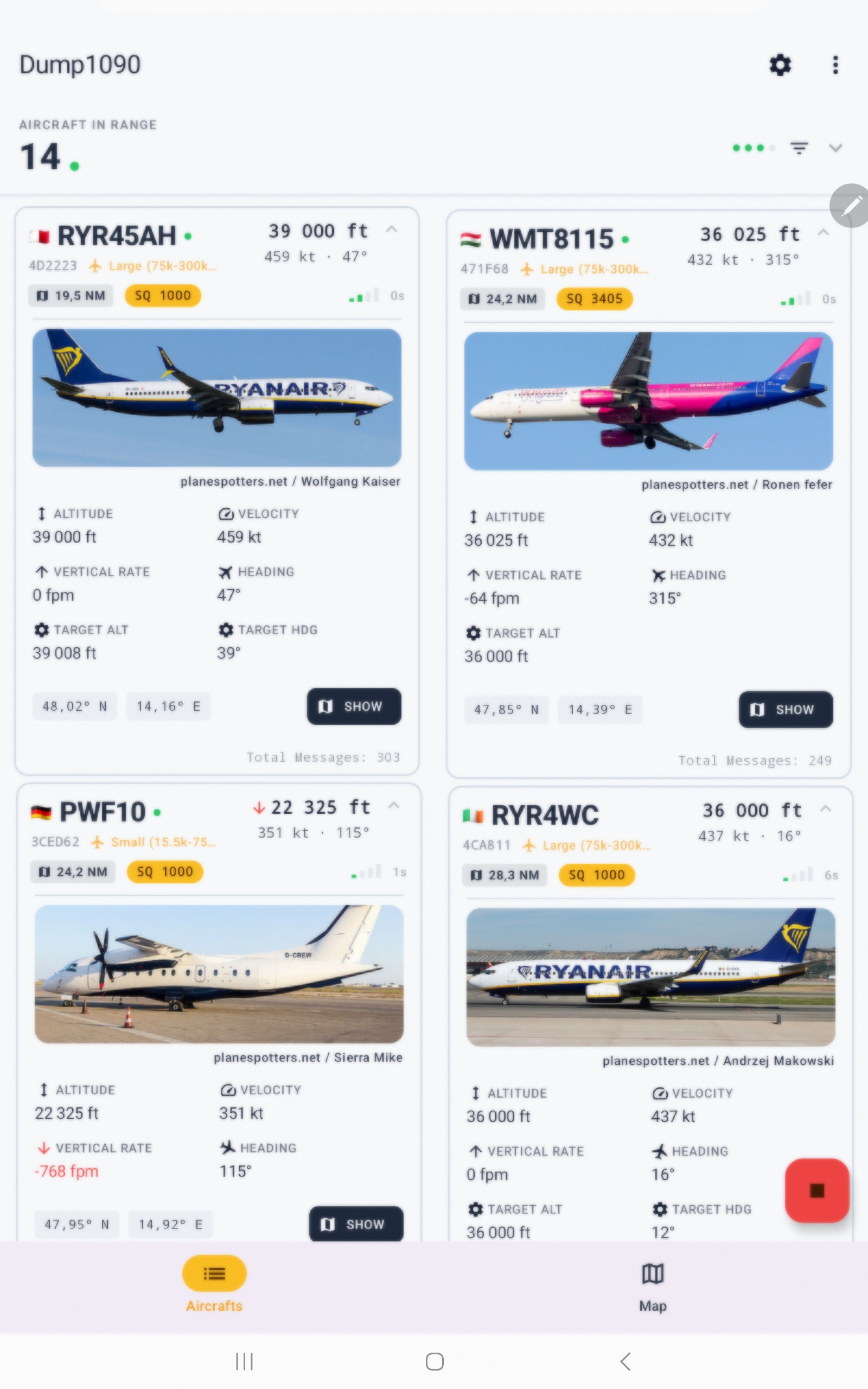 Dump1090 Android aircraft list showing live ADS-B aircraft