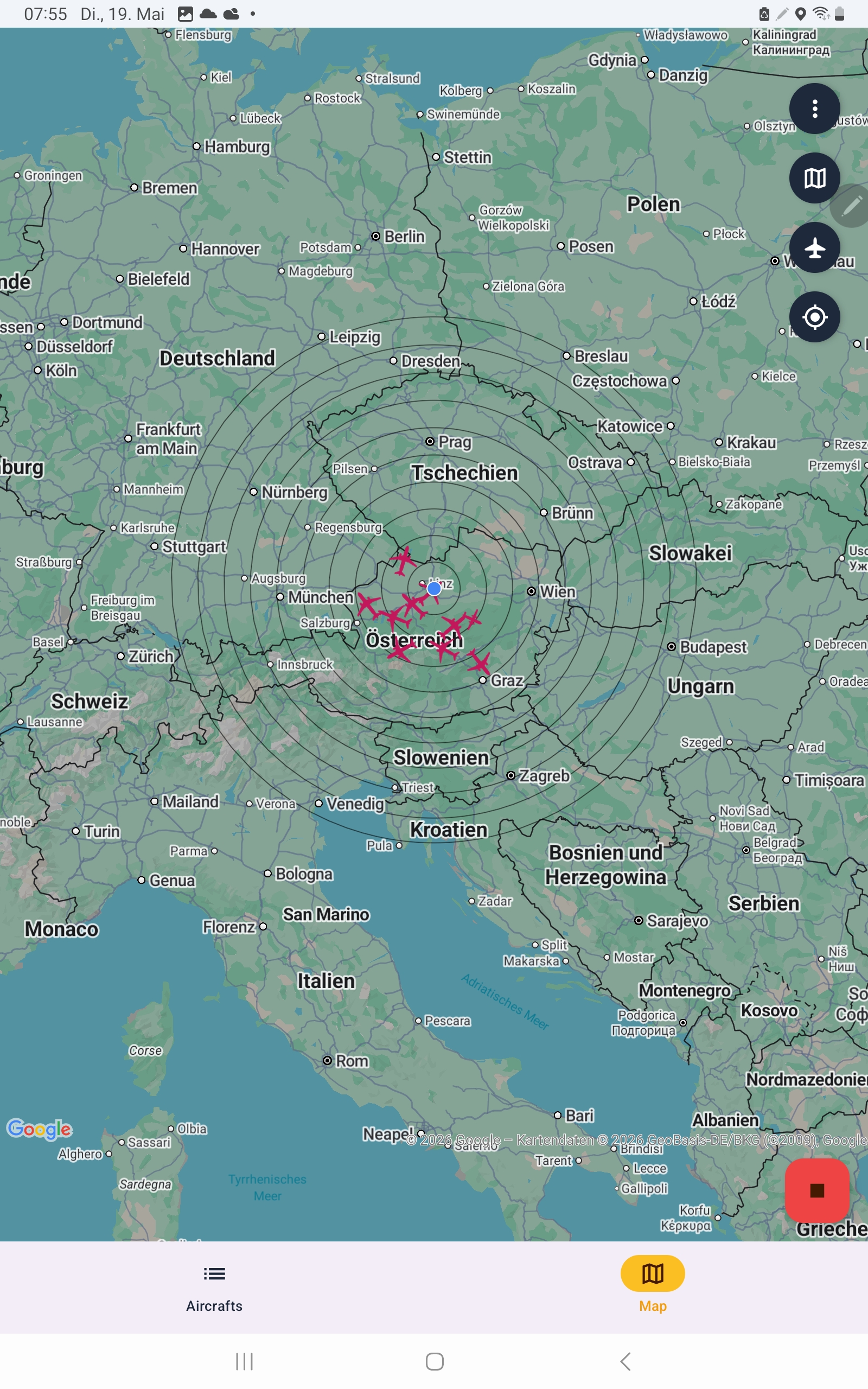 Dump1090 Android tablet map screen
