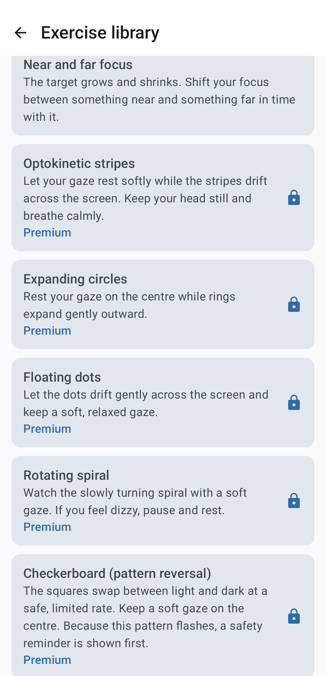 Further down the Vestia exercise library: Near and far focus, Optokinetic stripes, Expanding circles, Floating dots, Rotating spiral and Checkerboard pattern reversal, the last noting that the squares swap at a safe, limited rate and that a safety reminder is shown first.