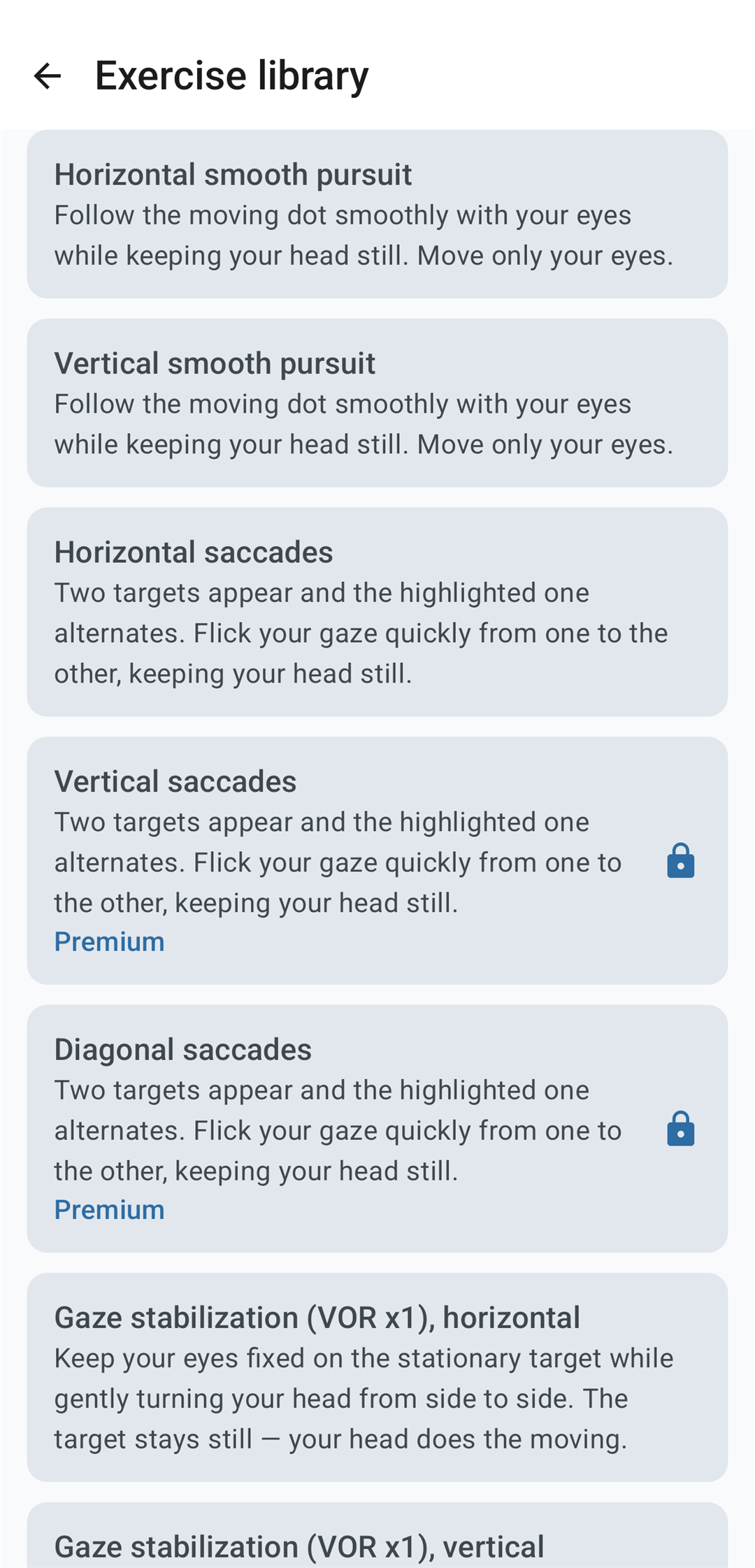 Vestia exercise library listing Horizontal smooth pursuit, Vertical smooth pursuit, Horizontal saccades, Vertical saccades, Diagonal saccades and Gaze stabilization VOR x1 horizontal, each with a plain-language explanation; some entries carry a lock icon and a Premium label.